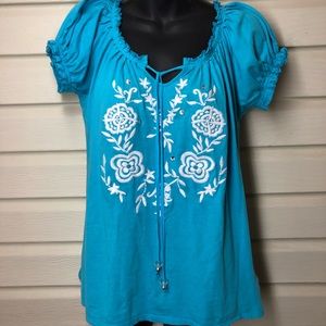 RXB Embroidered Peasant Top with Neck Ties